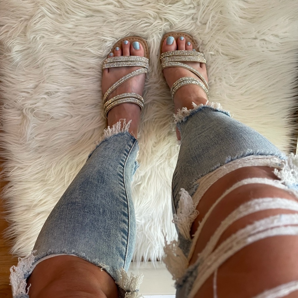 Square Toe Rhinestone Criss Cross Strap Sandals - Picture 14 of 16